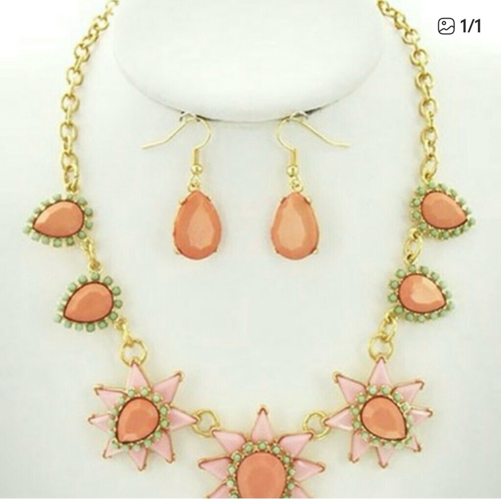 Gold-Tone Coral Pink Teardrop Statement Necklace & Earrings Set